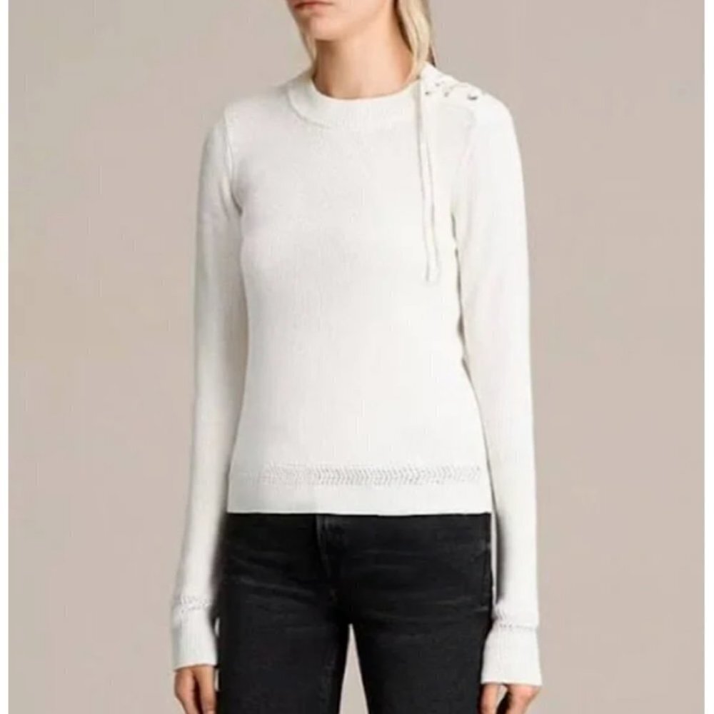 AllSaints Ivory Ribbed Knit Long Sleeve Lace Up Neck Detail Sweater Size 2